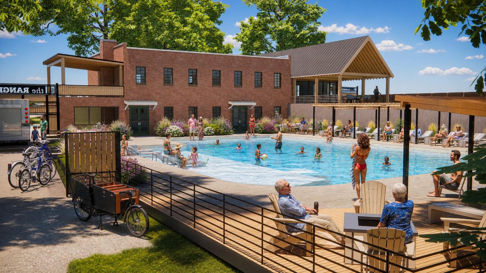 Pool deck with lap lanes, shaded seating and a food truck
